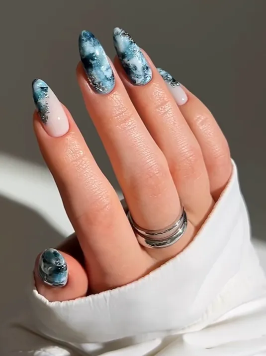 Blue White Marble Glitter Stilettos — Winter Marble Nails