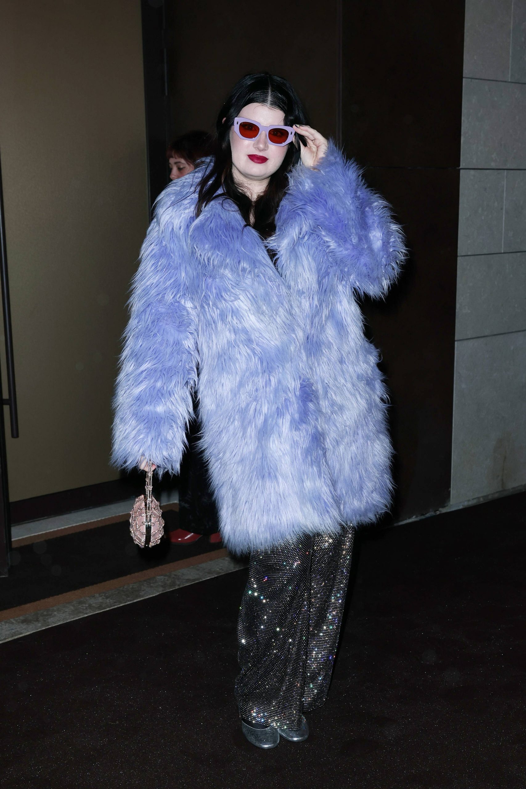 Bold Purple Faux Fur Coat and Silver Pants for a Birthday — Winter Birthday Outfits