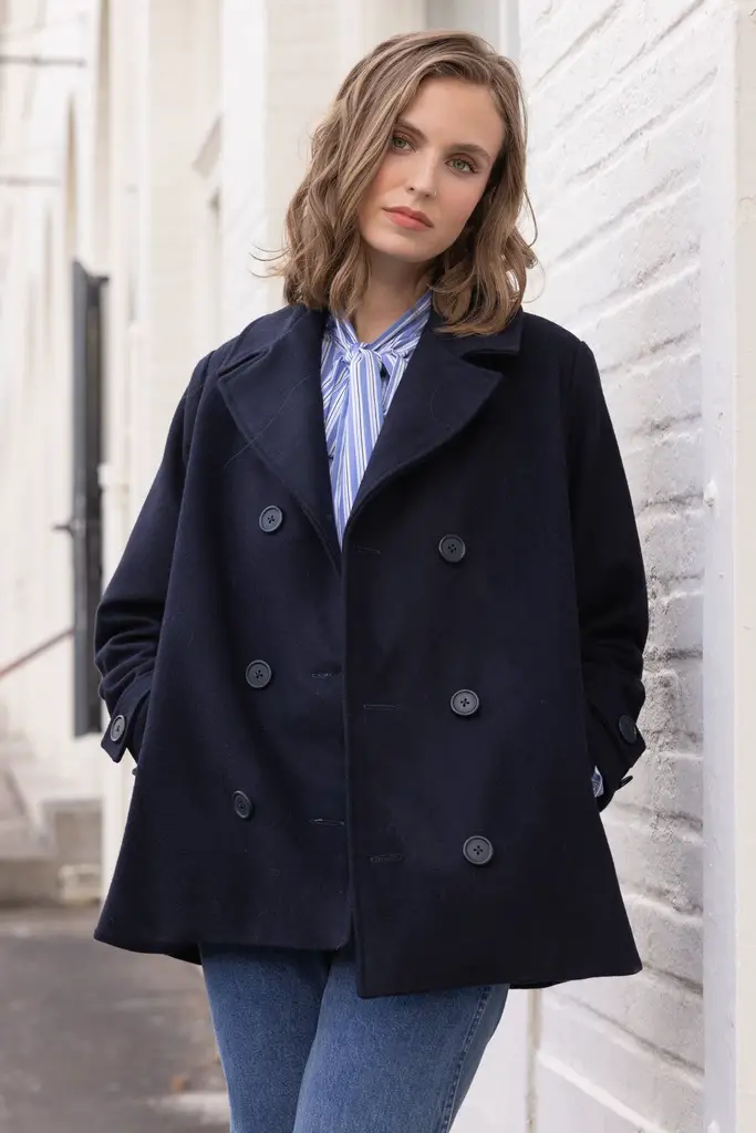 Oversized Navy Peacoat with Striped Shirt and Jeans — Peacoat Outfits