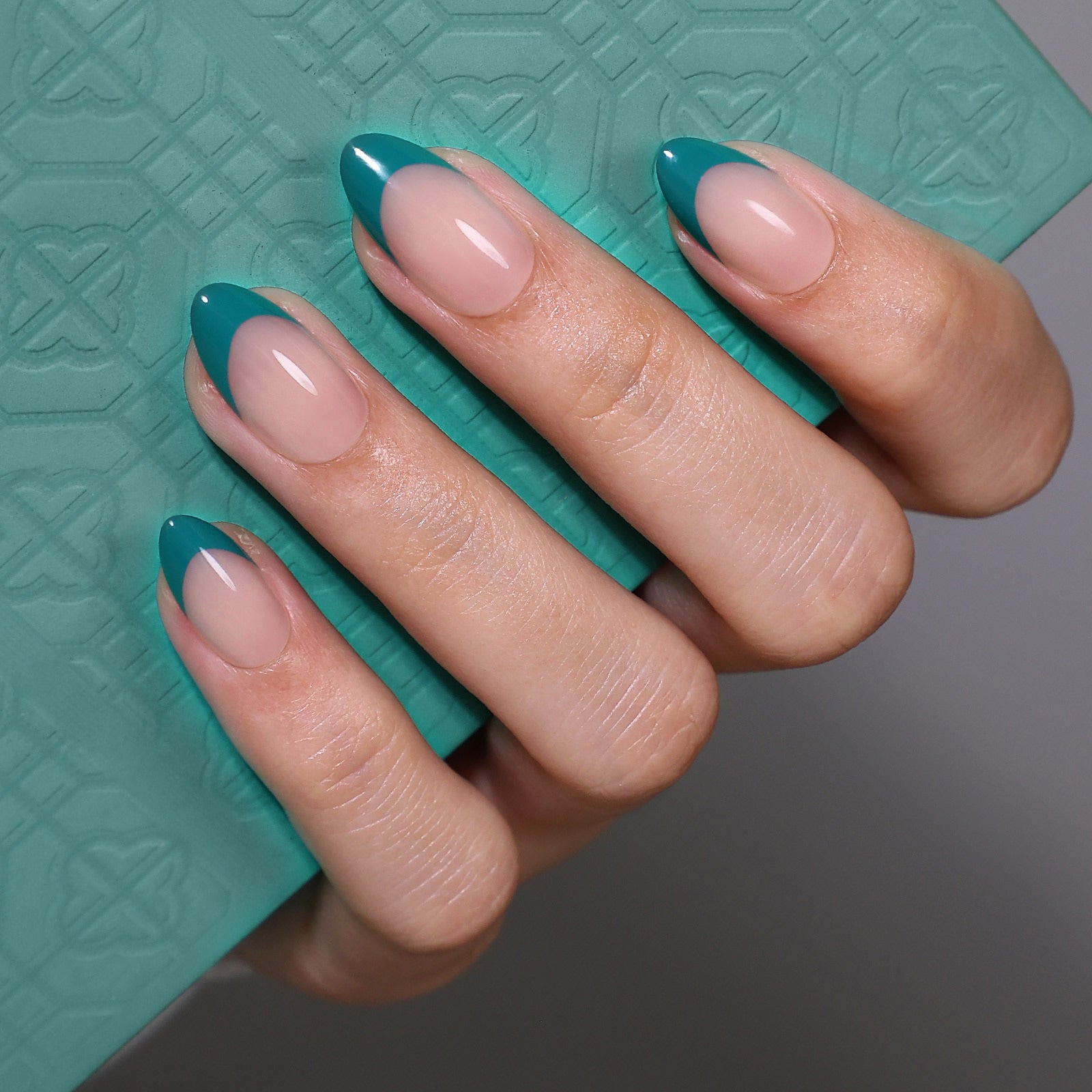 Sheer Pink Teal French Tips Sheer Pink Teal French Tips — Short Winter Almond Nails