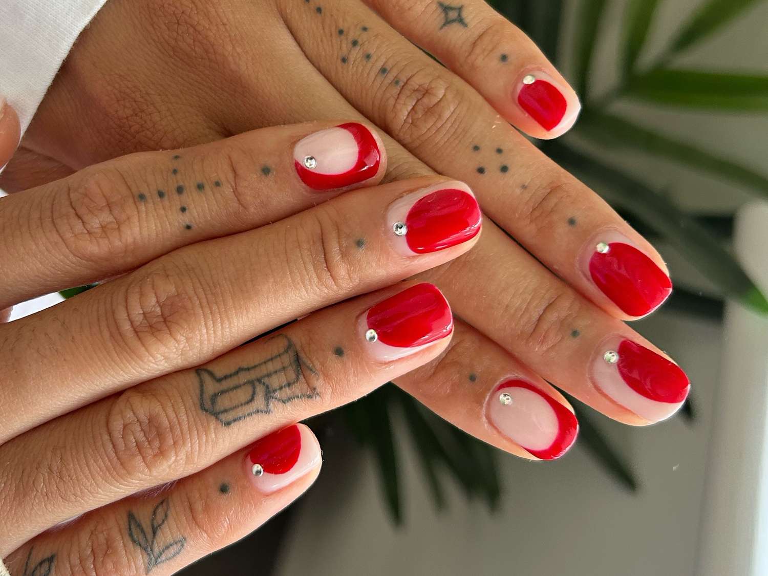 Red Half-Moon French Tips with Rhinestones Red Half-Moon French Tips with Rhinestones — Short Nail Designs