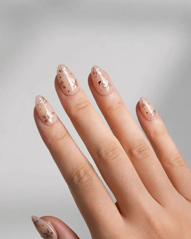 Sheer Nude Gold Foil Almond Nails — Simple Nail Designs