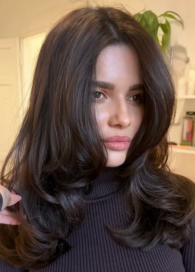Mid-Back Butterfly Layers Glossy Finish — Dark Chocolate Brown Hair