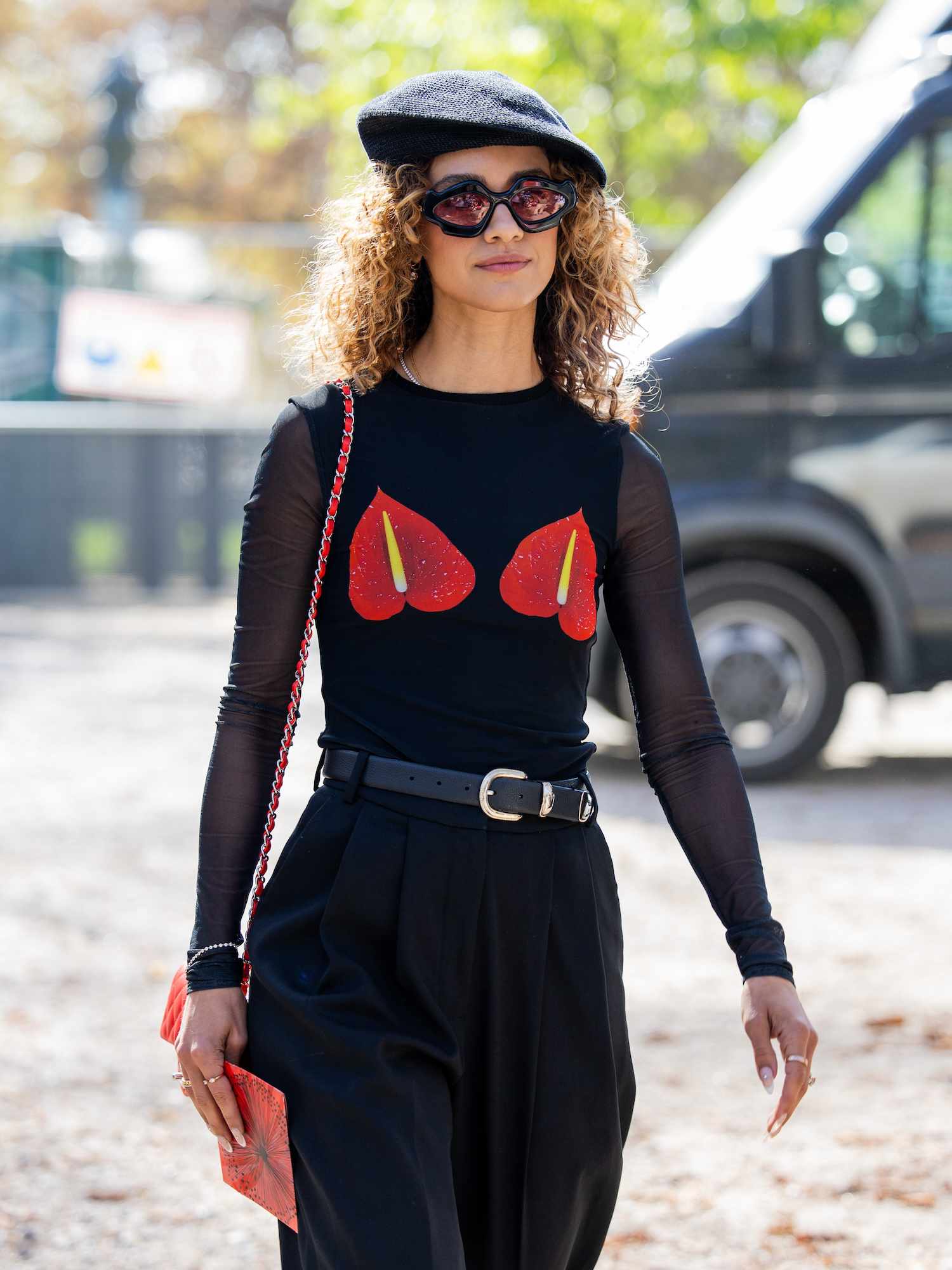 Black Beret with Sheer Graphic Top and Wide-Leg Trousers — Beret Outfits