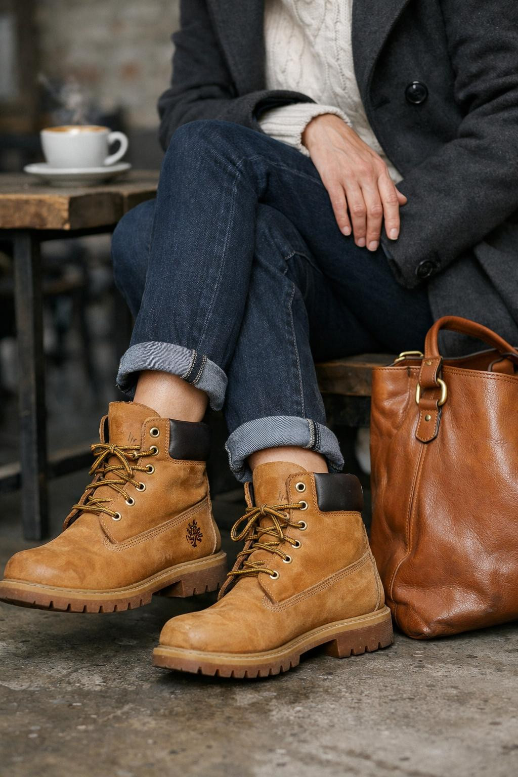 Autumnal Charm: Tan Timberlands with Wool Coat and Cable Knit — Timberland Boots Outfits