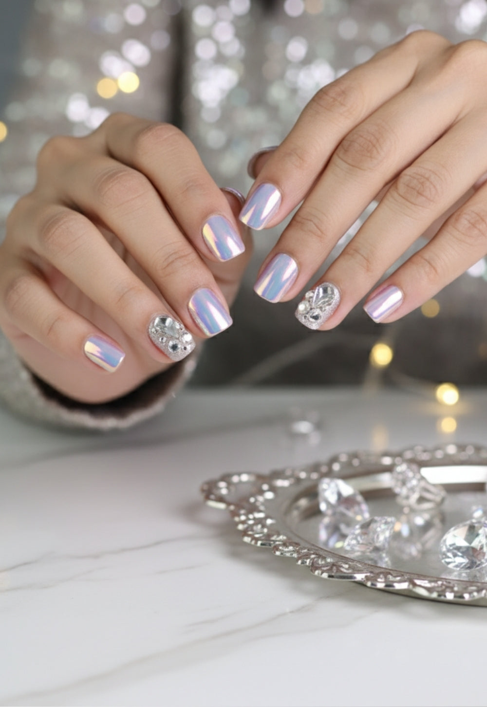 Iridescent Pink Chrome with Rhinestones Iridescent Pink Chrome with Rhinestones — Winter Chrome Nails
