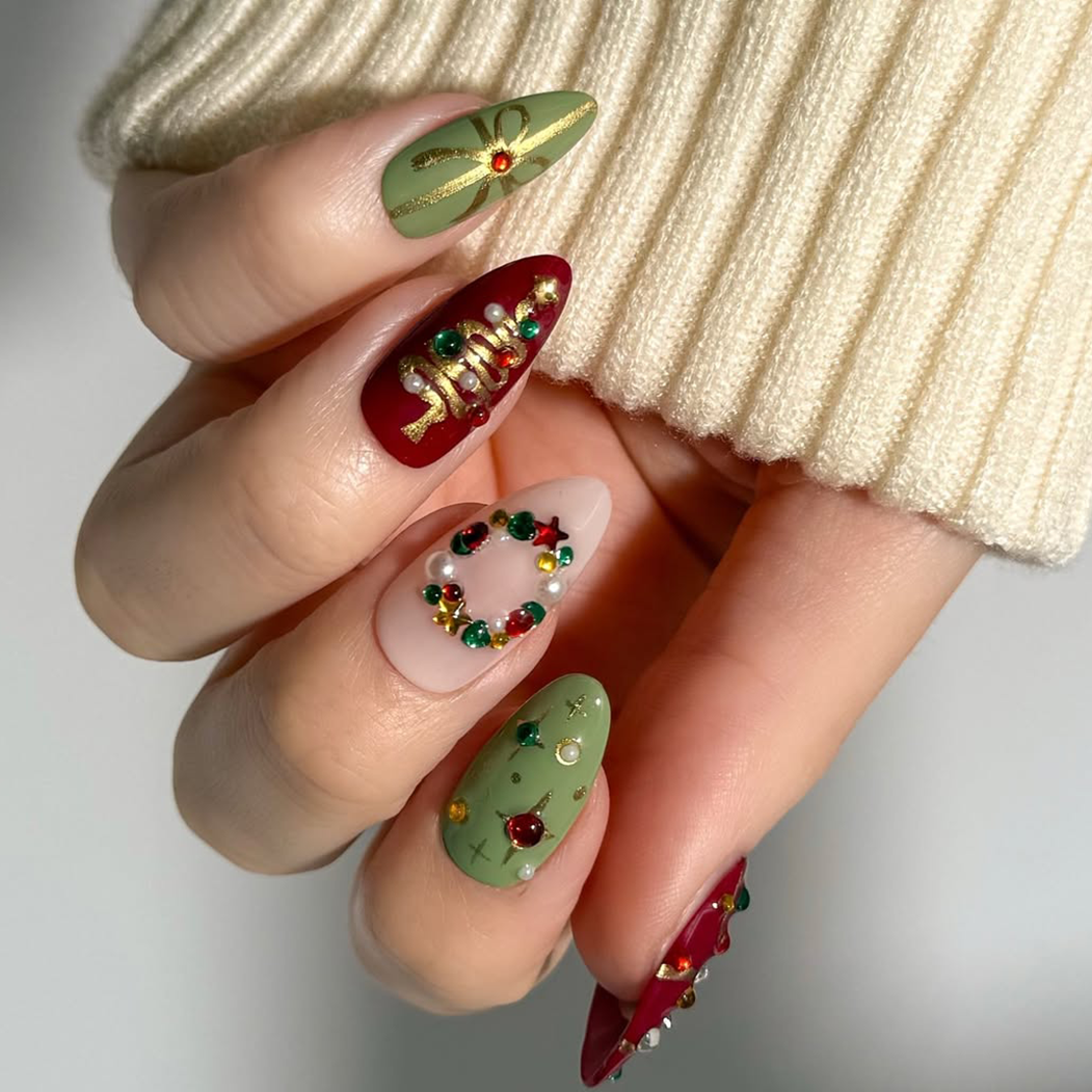 Medium Almond Sage Green Christmas Motifs Medium Almond Sage Green Christmas Motifs — Winter Vacation Nails