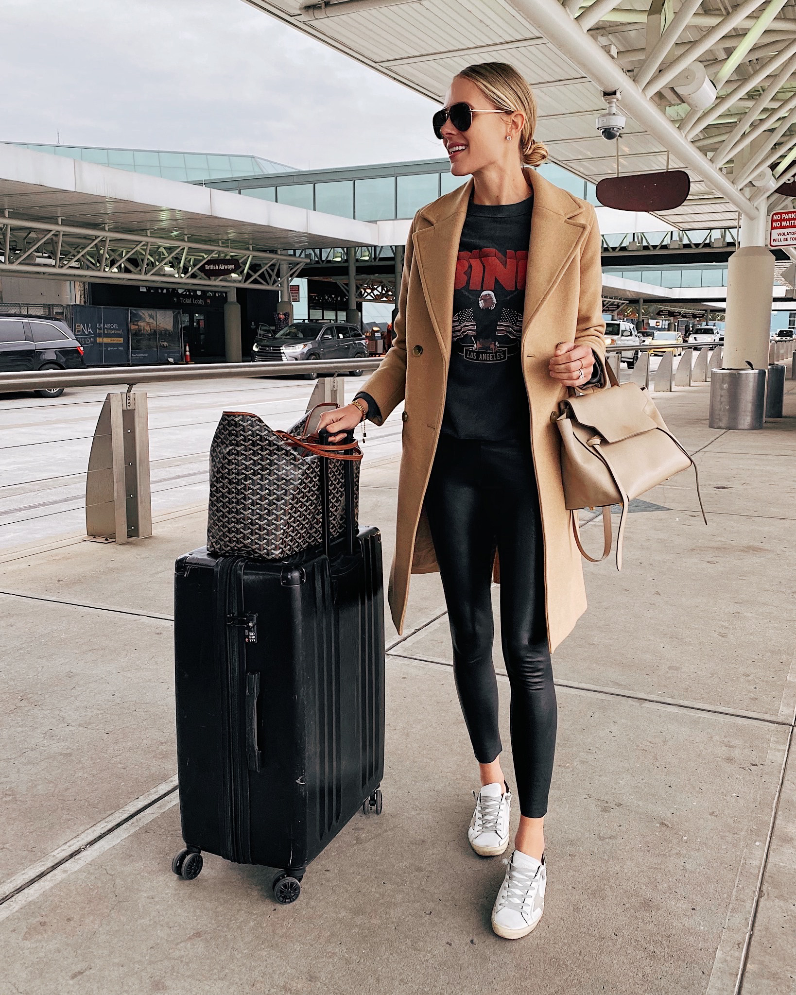 Camel Coat and Graphic Tee for Airport Style — Winter Travel Outfits