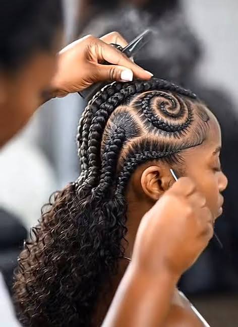 Spiral Pattern Braids with Curly Ends — Winter Braid Colors for Black Women