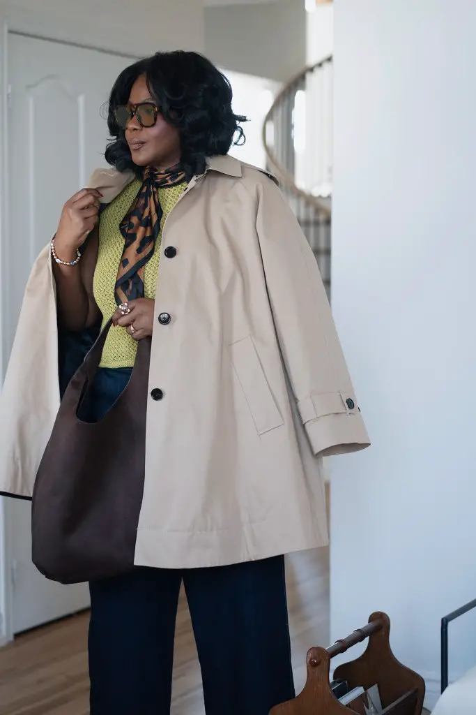 Beige Trench Coat, Lime Green Knit Top, and Wide Leg Trousers Beige Trench Coat, Lime Green Knit Top, and Wide Leg Trousers — Winter to Spring Transition Outfits