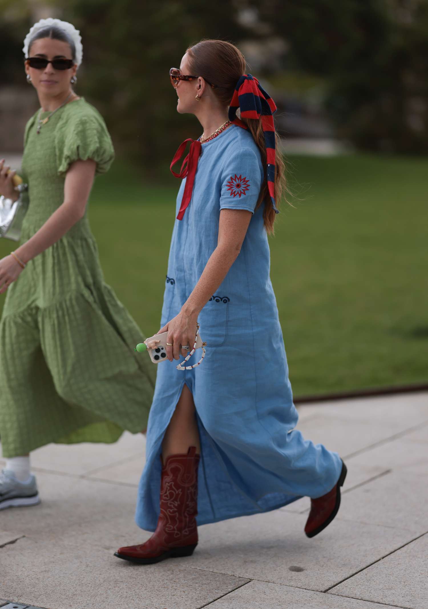 Red Cowboy Boots with a Slit Midi Dress and Hair Scarf Red Cowboy Boots with a Slit Midi Dress and Hair Scarf — Riding Boots Outfits