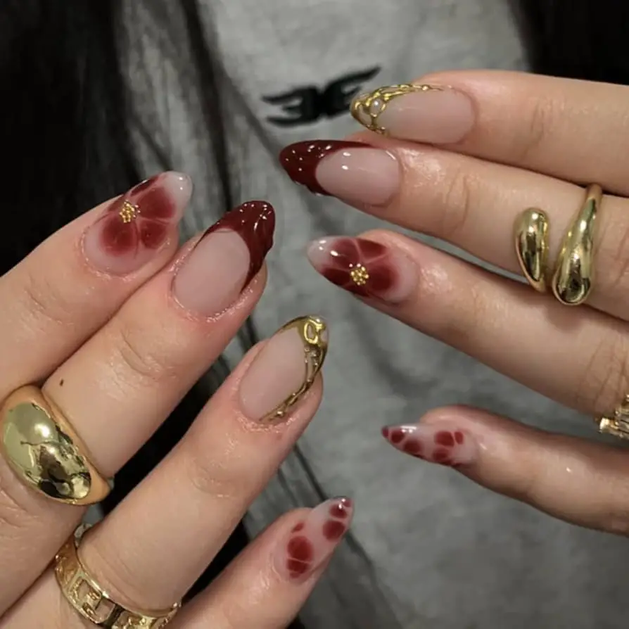 Deep Red Floral Gold Chrome Almonds Deep Red Floral Gold Chrome Almonds — Almond Nail Inspo