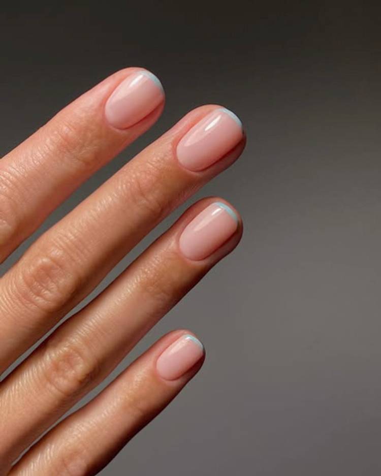 Light Blue Line Short Oval French Light Blue Line Short Oval French — Winter to Spring Transition Nails