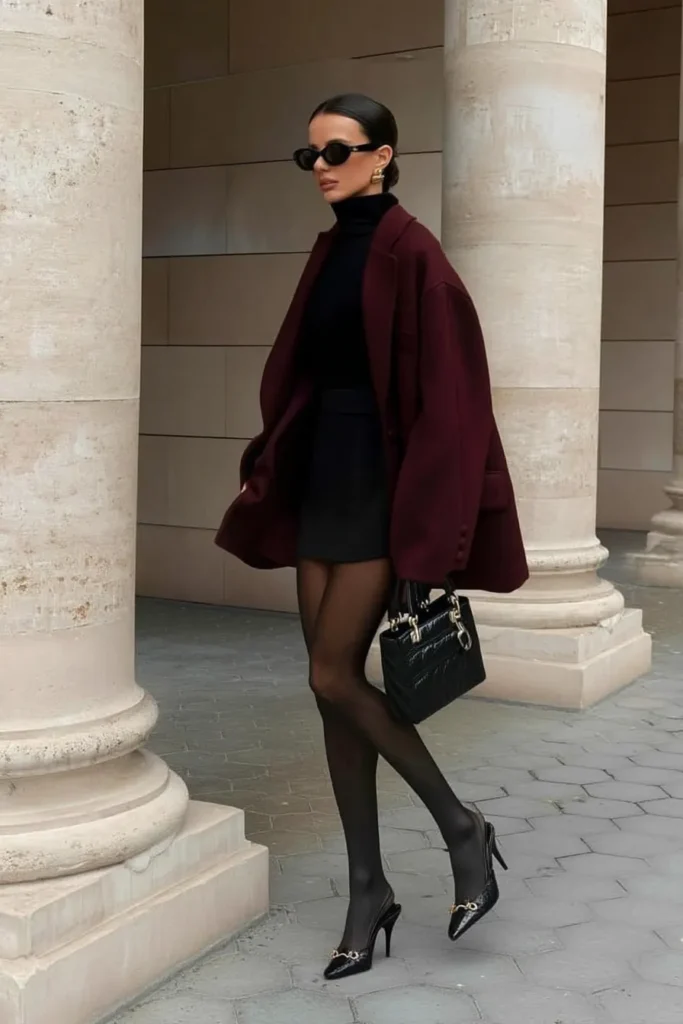 Oversized Burgundy Blazer Over Black Mini Skirt — Classy Winter Outfits