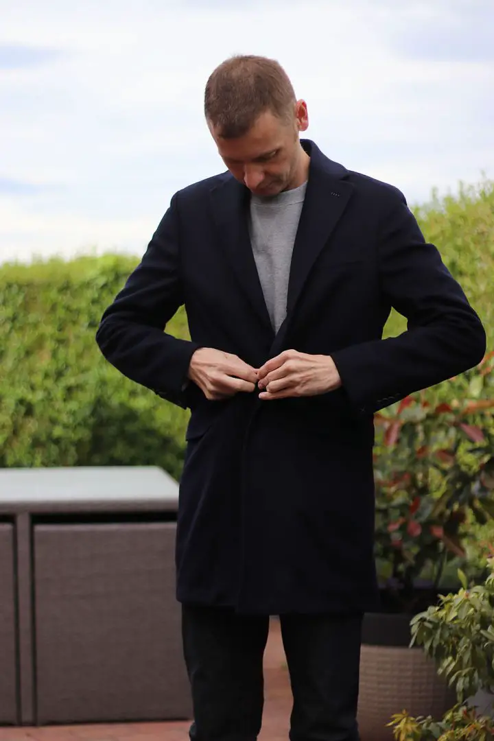 Classic Layering: Navy Overcoat Over T-Shirt Classic Layering: Navy Overcoat Over T-Shirt — Winter Outfits for Men