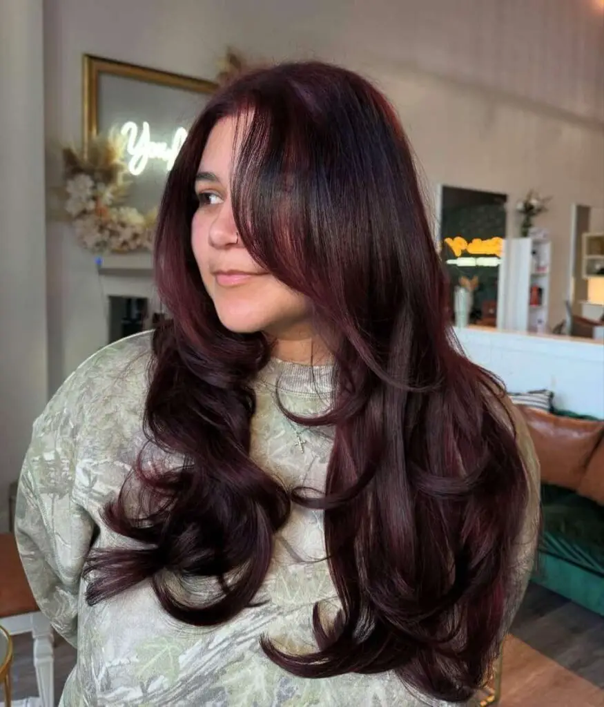 Deep Burgundy With Side-Swept Bangs Deep Burgundy With Side-Swept Bangs — Dark Winter Hair Colors
