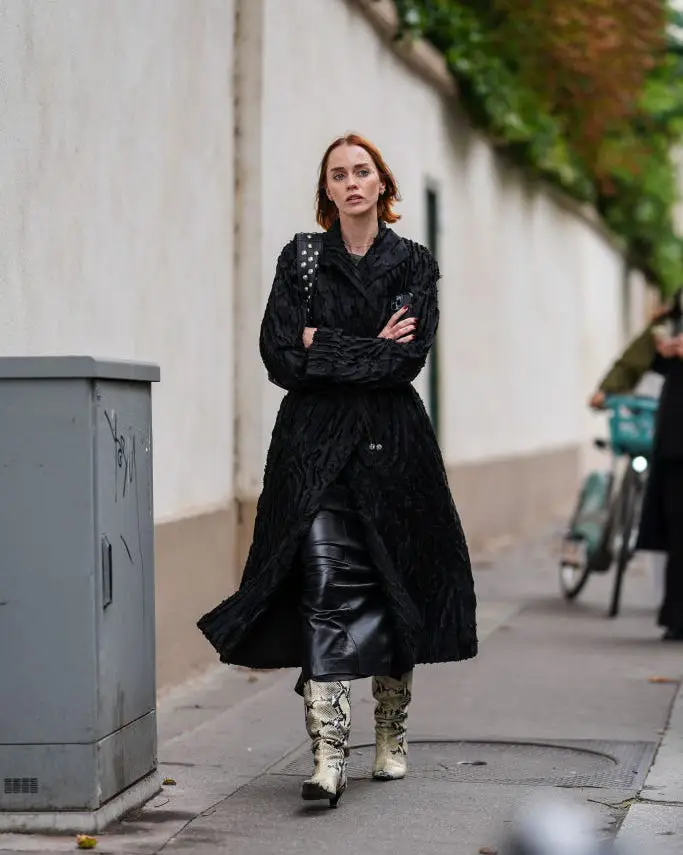 Snakeskin Print Boots with Long Coat and Leather Midi Skirt — Knee High Boots Outfits