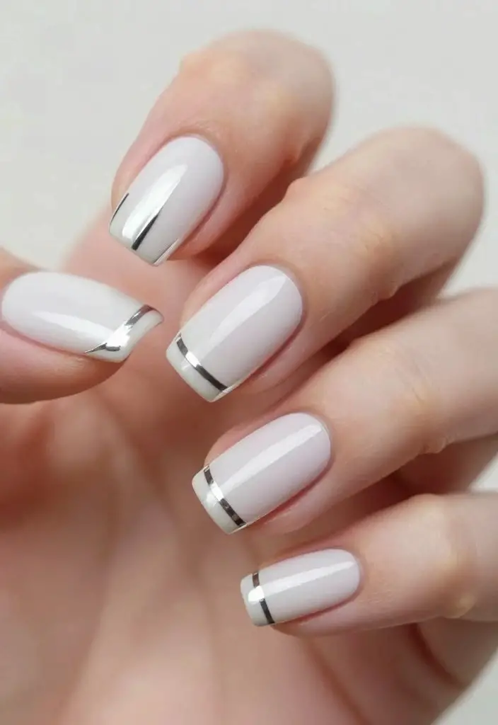 Short Oval Metallic Line French Tips Short Oval Metallic Line French Tips — Simple Winter Nails