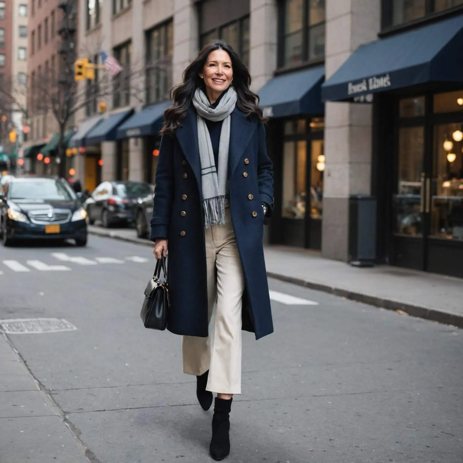 Cozy Navy Coat and Cream Trousers for Daytime Chic Cozy Navy Coat and Cream Trousers for Daytime Chic — Winter Outfits for Women Over 50