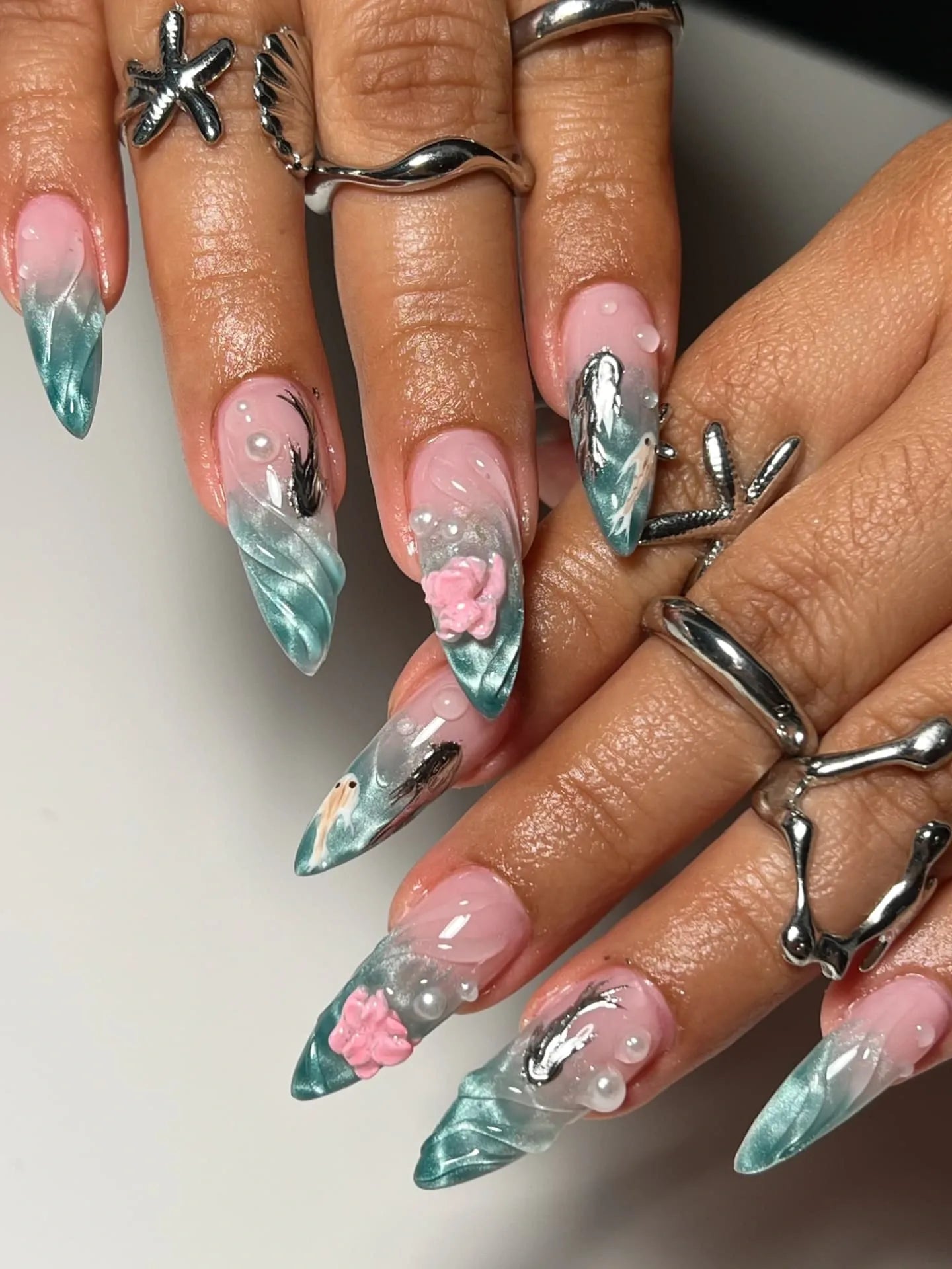 Whimsical Pink Teal Ombre Almonds Whimsical Pink Teal Ombre Almonds — Almond Nail Designs