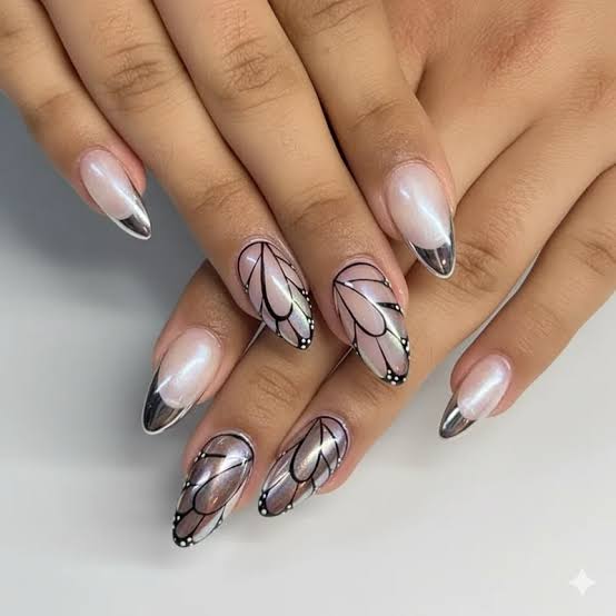 Sheer Pink Chrome French Tips with Butterfly Art — Chrome Nail Designs