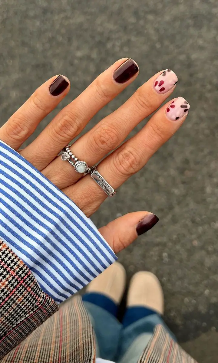 Burgundy Brown with Scattered Red Hearts — Brown Nail Designs