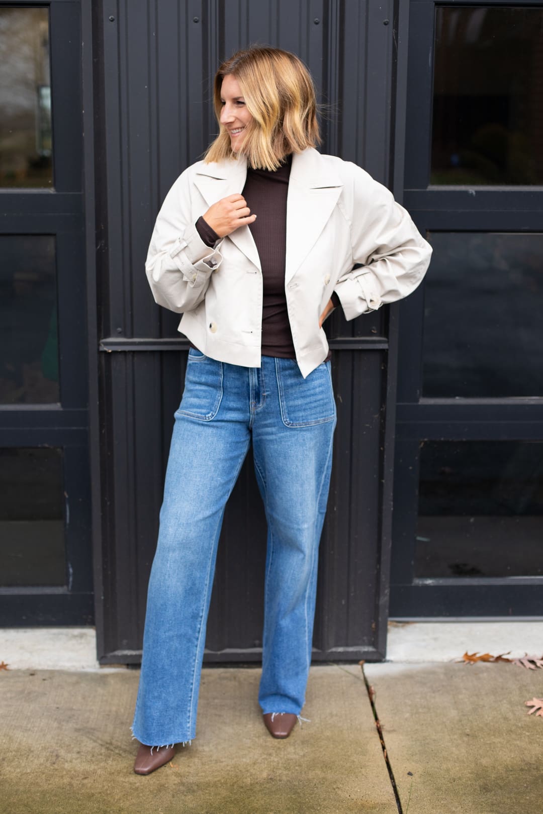 Brown Turtleneck and Cropped Jacket Ensemble Brown Turtleneck and Cropped Jacket Ensemble — Winter Outfits with Wide Leg Jeans