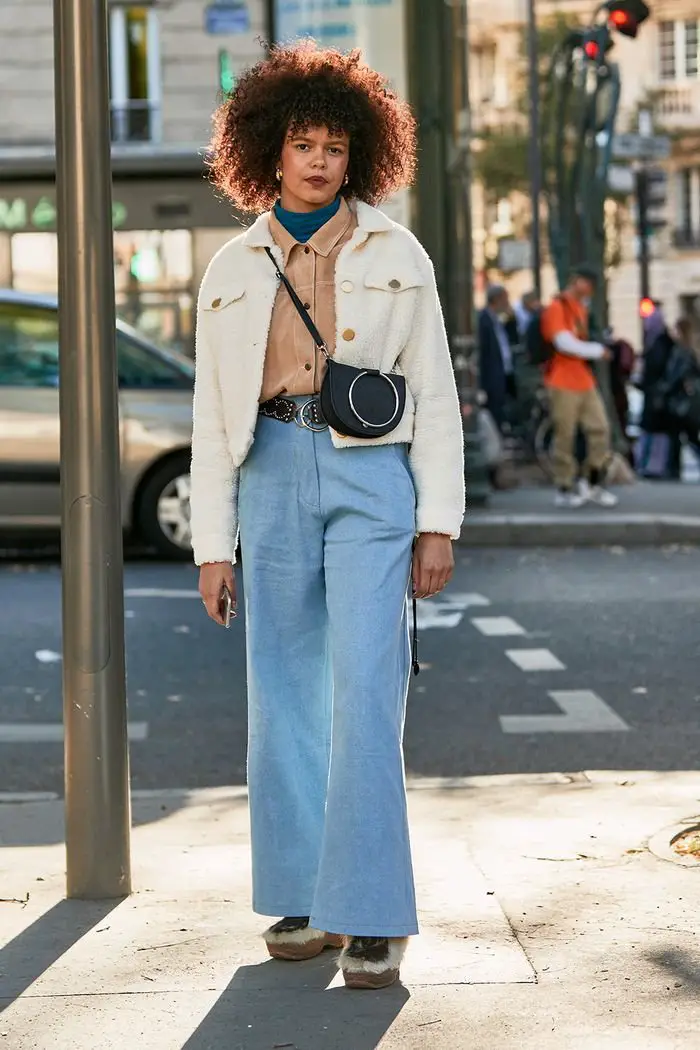 Cropped Sherpa Jacket Over Corduroy Shirt with Wide-Leg Pants Cropped Sherpa Jacket Over Corduroy Shirt with Wide-Leg Pants — Winter Layering Outfits