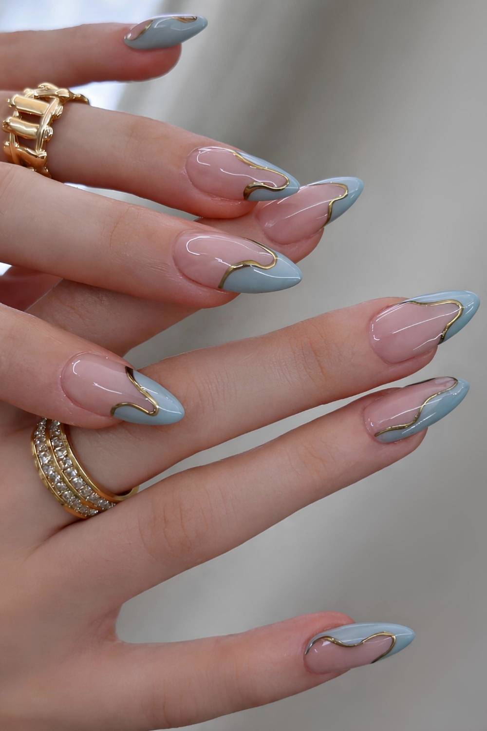 Sheer Pink Long Stiletto with Gold Lines Sheer Pink Long Stiletto with Gold Lines — French Nail Designs