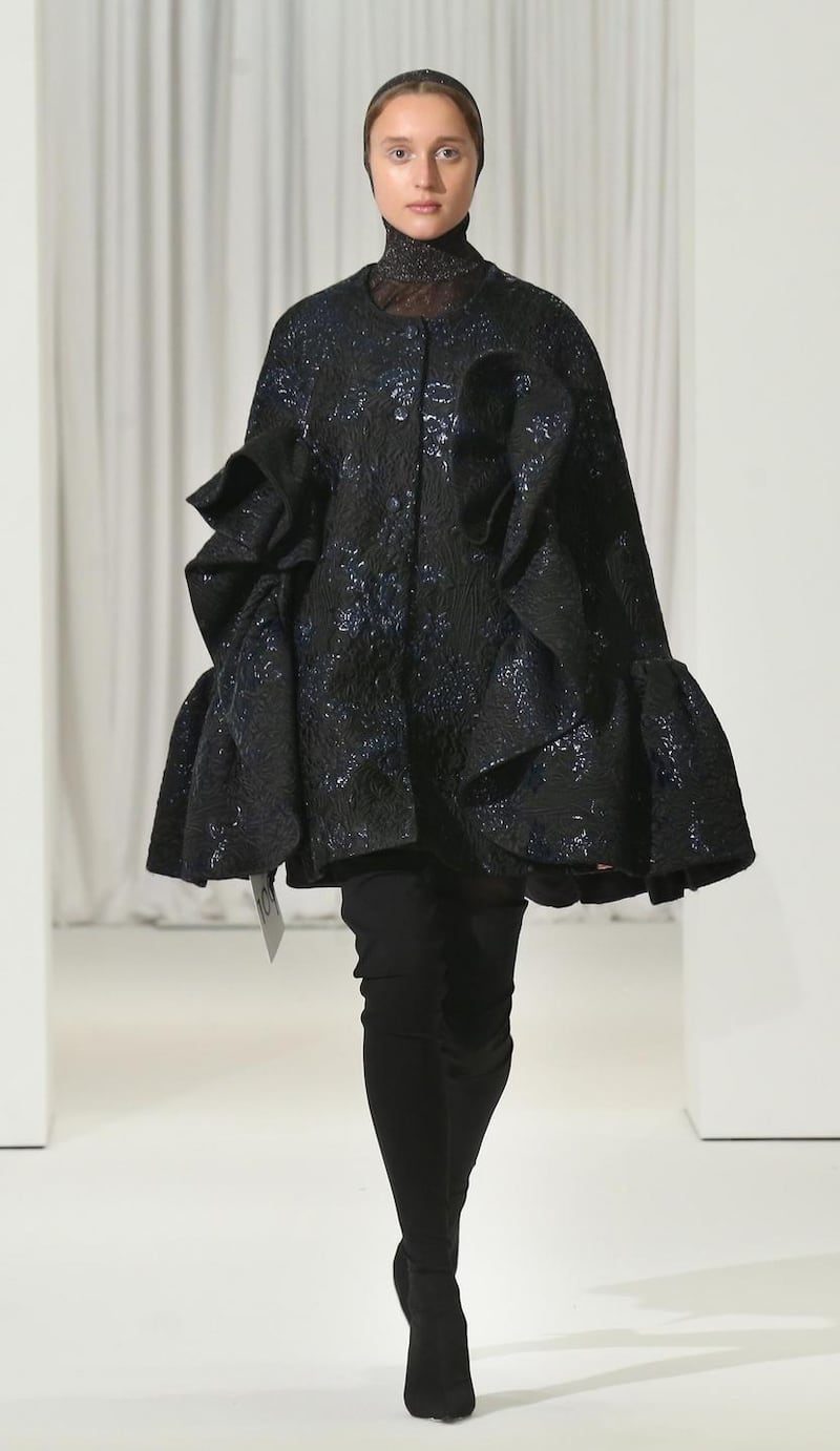 Dramatic Black Brocade Cape with Ruffled Sleeves Dramatic Black Brocade Cape with Ruffled Sleeves — Early Winter Outfits