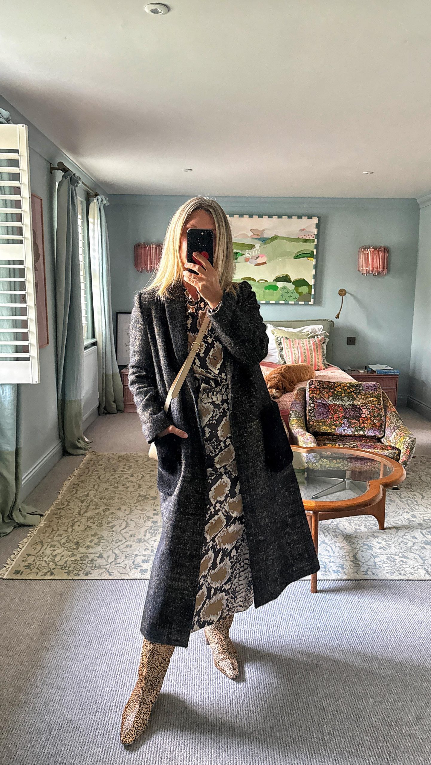 Animal Print Edge: Grey Coat Over Snakeskin Dress Animal Print Edge: Grey Coat Over Snakeskin Dress — Winter Outfits for Moms