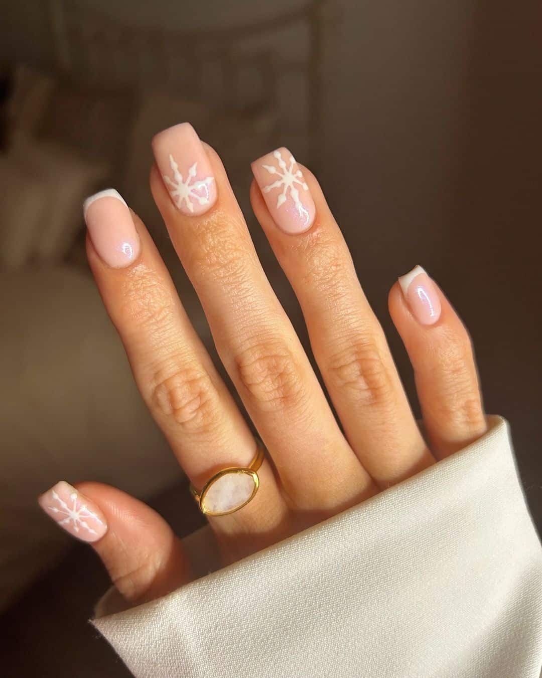 Short Square French Tips With Snowflakes — Minimalist Winter Nails