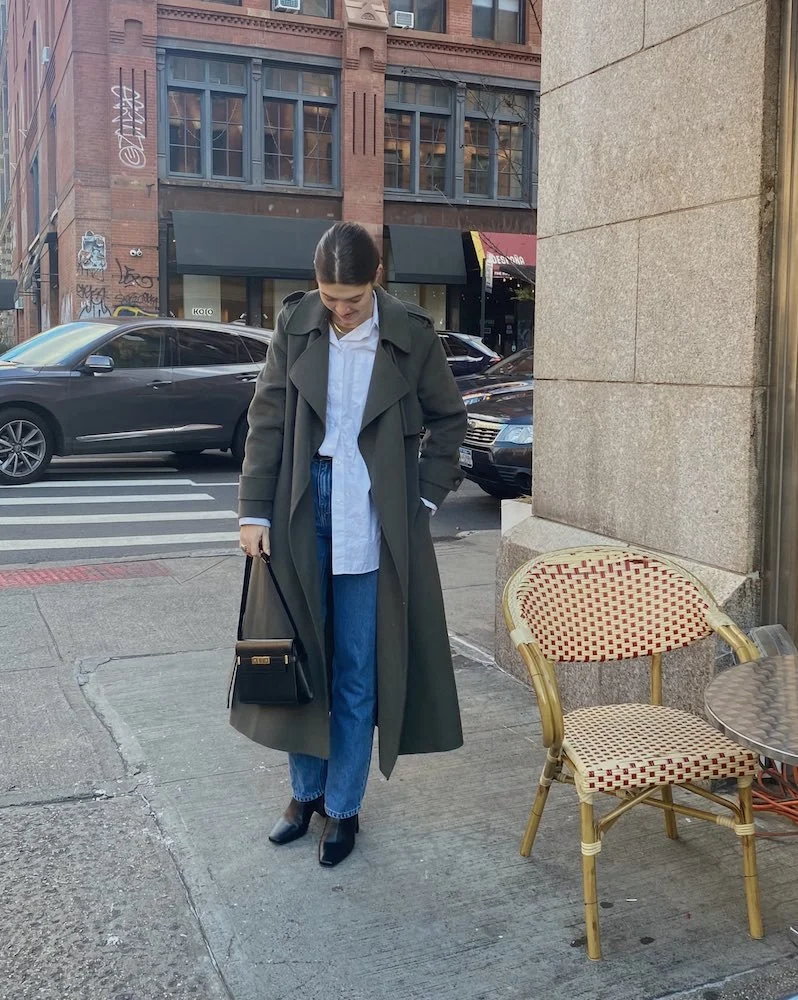 Long Khaki Trench Coat with Blue Jeans and Ankle Boots — Car Coat Outfits