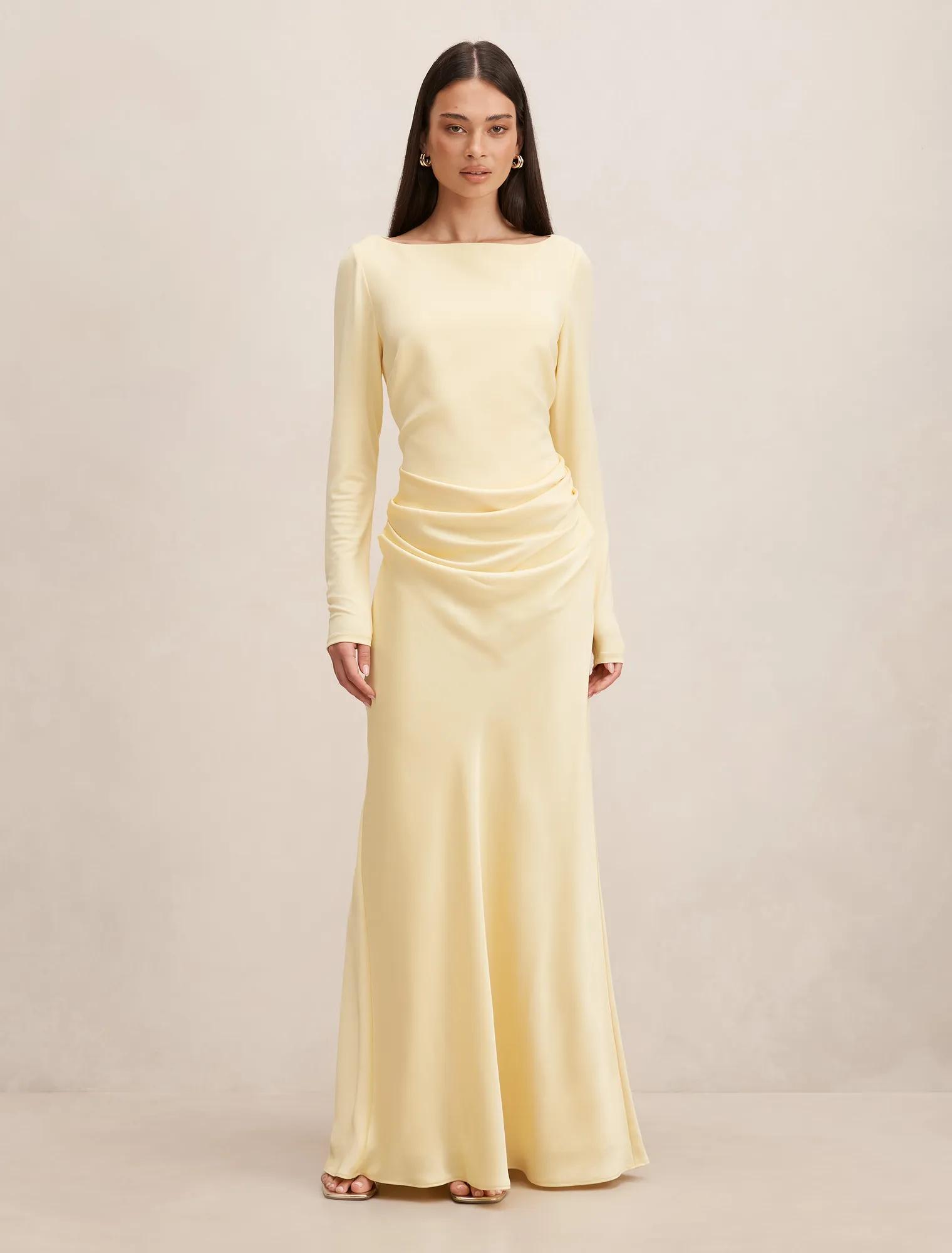 Pale Yellow Satin Maxi Dress with Ruched Bodice Pale Yellow Satin Maxi Dress with Ruched Bodice — Winter Formal Dresses