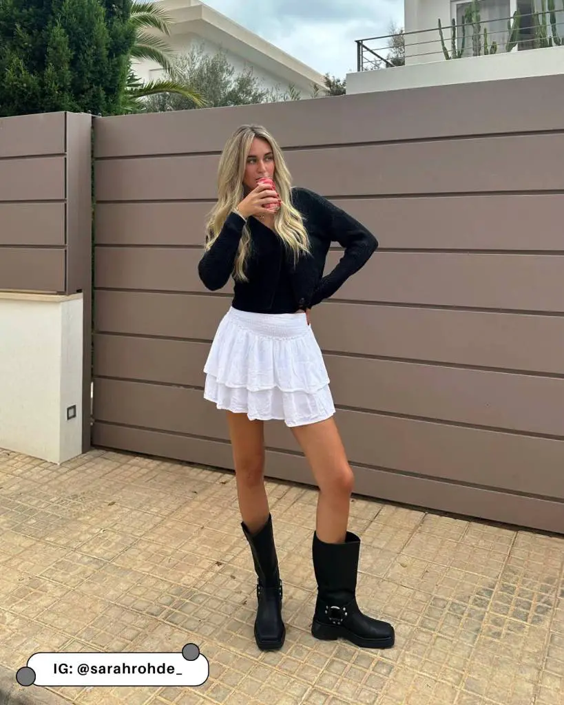 Knee-High Boots with a Tiered Mini Skirt and Cardigan Knee-High Boots with a Tiered Mini Skirt and Cardigan — Black Boots Outfits