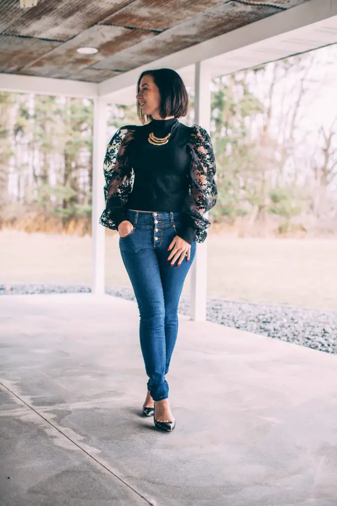 Lace Puff-Sleeve Top with Jeans for a Birthday Occasion — Winter Birthday Outfits