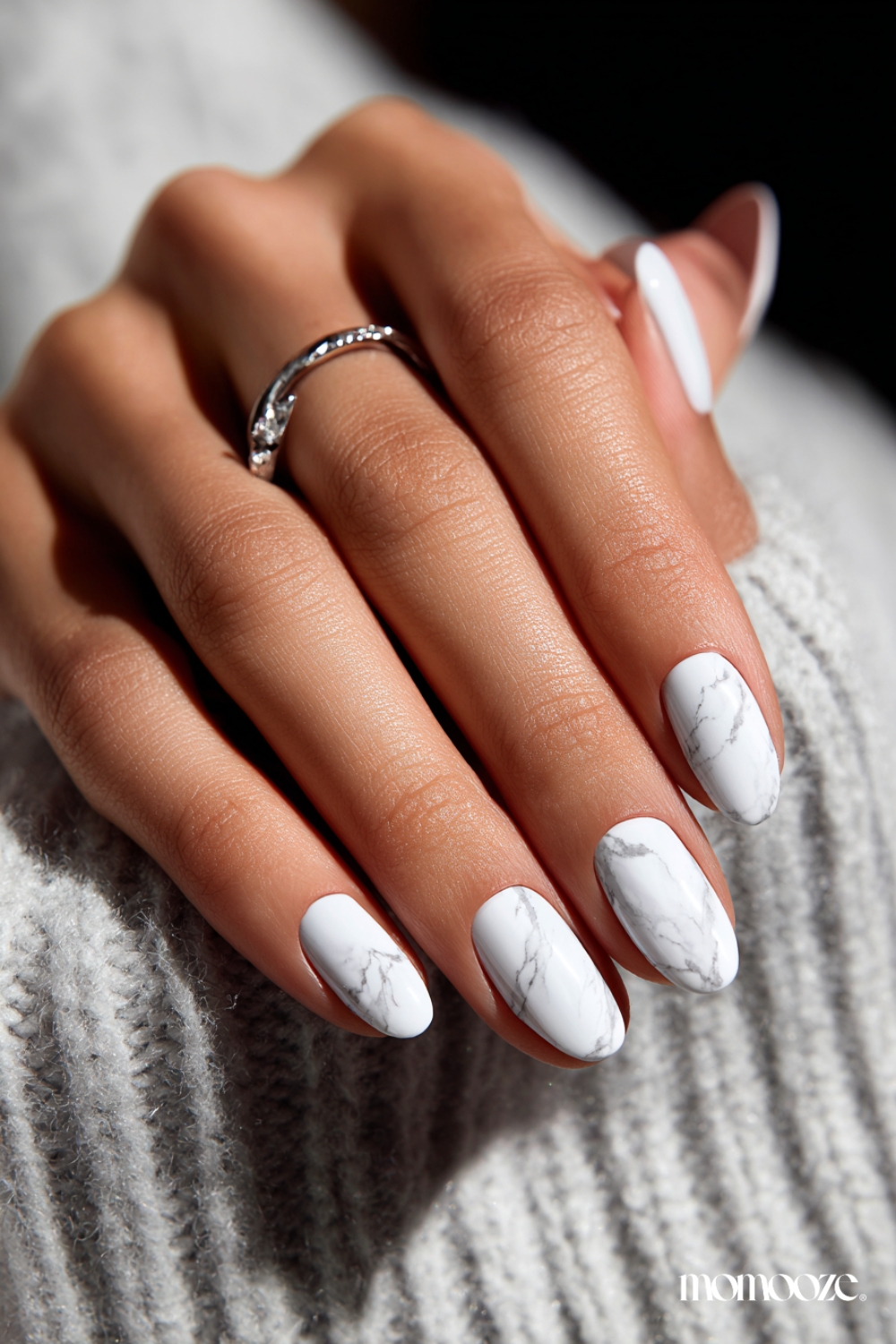 Matte White Grey Marble Ovals — Winter Marble Nails