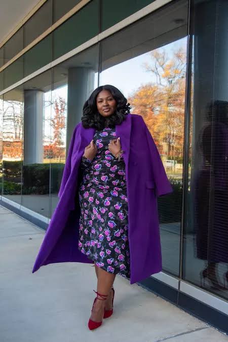 Bold Purple Coat Over Floral Dress for Winter Events Bold Purple Coat Over Floral Dress for Winter Events — Winter Outfits for Curvy Women