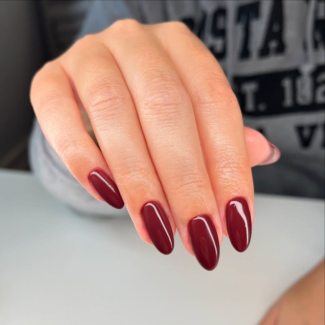 Deep Burgundy Red Glossy Oval Nails Deep Burgundy Red Glossy Oval Nails — Winter Acrylic Nail Colors