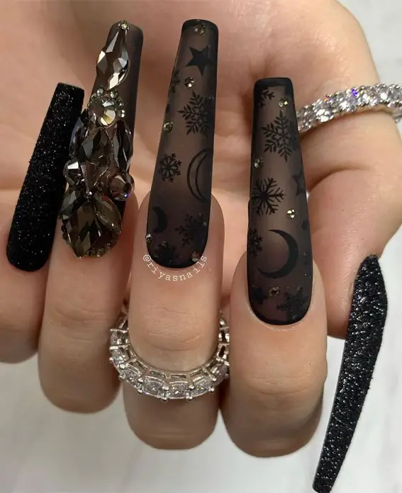 Matte Black With Sheer Overlay And Glitter Tips Matte Black With Sheer Overlay And Glitter Tips — Winter Black Nails
