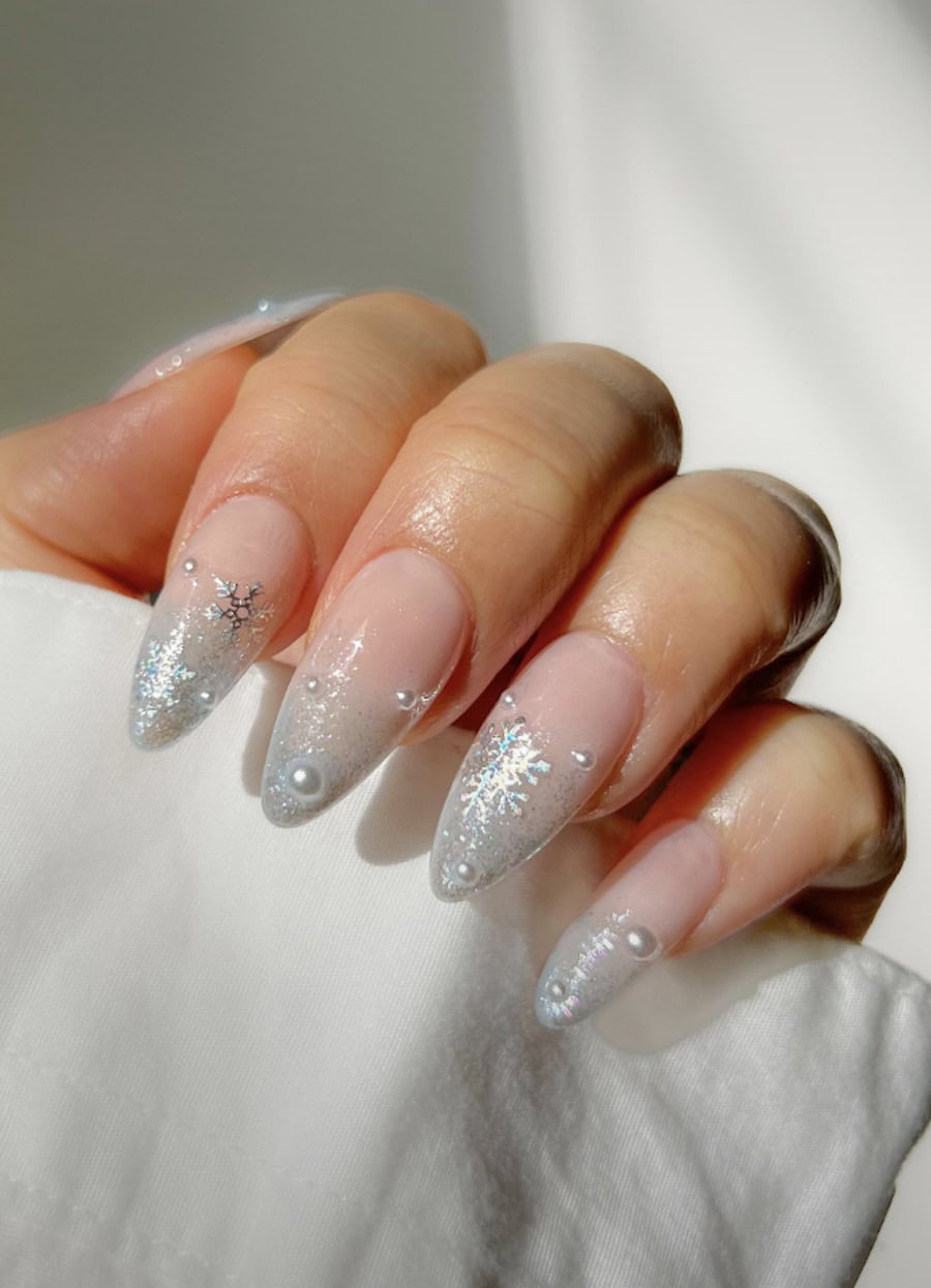 Sheer Pink to Icy Blue with Pearls Sheer Pink to Icy Blue with Pearls — Winter Ombre Nails