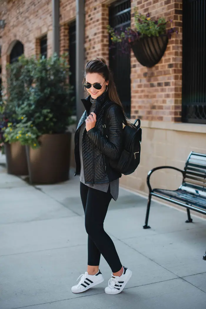 Quilted Jacket Adds Warmth to Grey Top and Black Leggings Quilted Jacket Adds Warmth to Grey Top and Black Leggings — Winter Athleisure Outfits