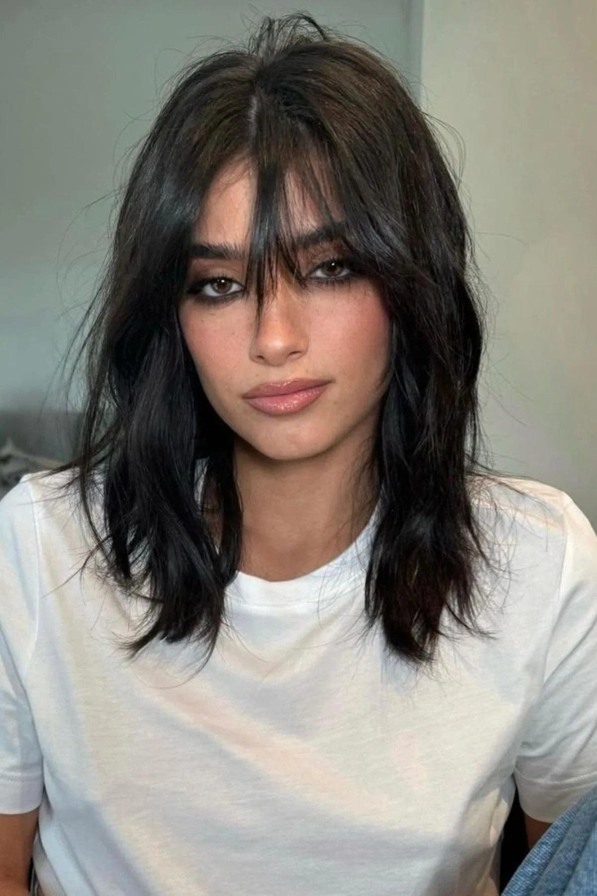 Dark Brown Wispy Bangs Shag Dark Brown Wispy Bangs Shag — Winter Shoulder Length Hairstyles