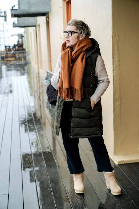 Long Hooded Puffer Vest with Scarf and Boots Long Hooded Puffer Vest with Scarf and Boots — Puffer Vest Outfits