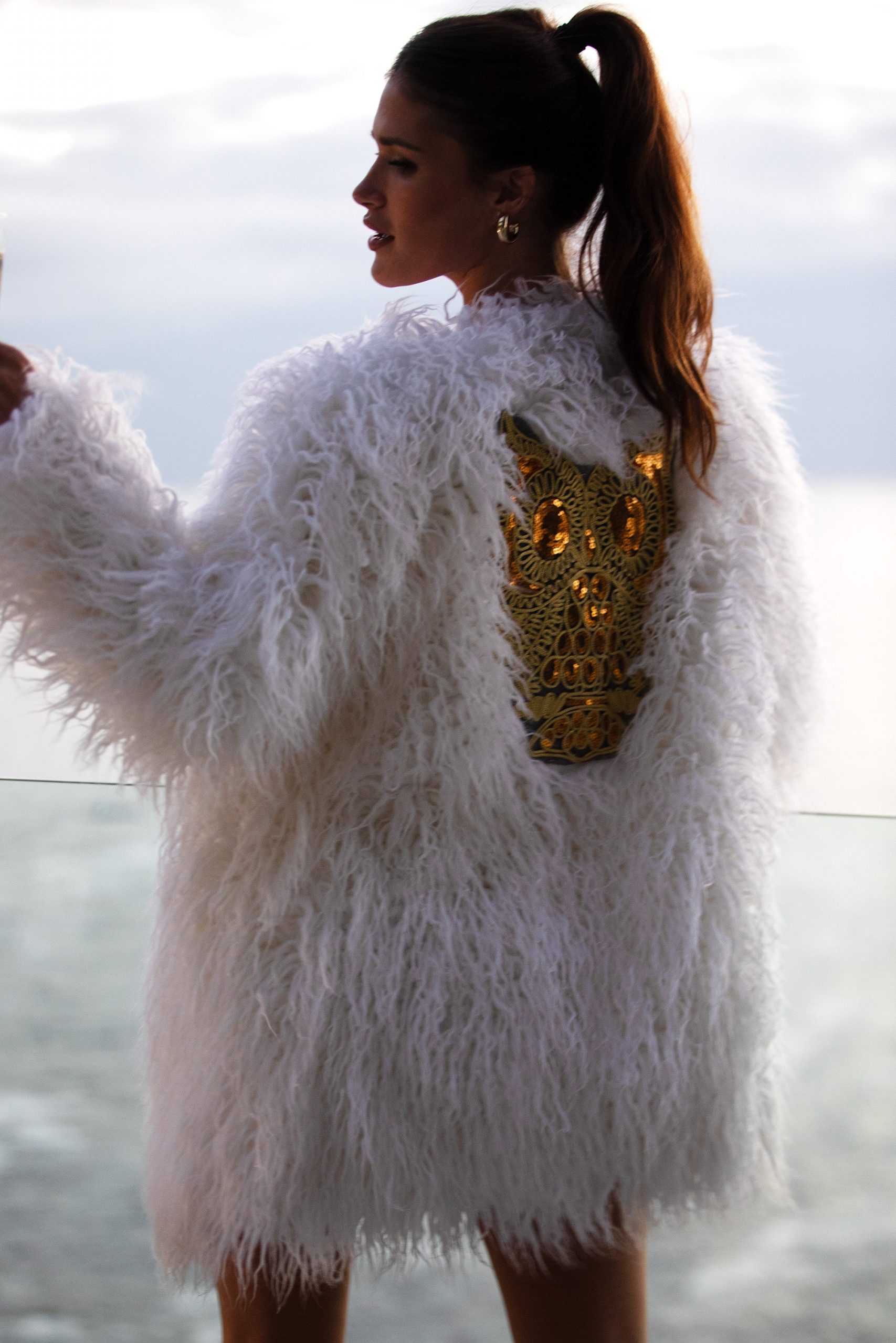 Statement White Faux Fur Coat with Gold Embellishments Statement White Faux Fur Coat with Gold Embellishments — Faux Fur Coat Outfits