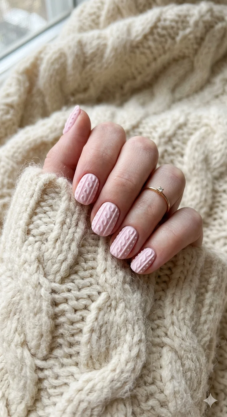 Pale Pink Embossed Cable Knit Nails — Winter Gel Nails
