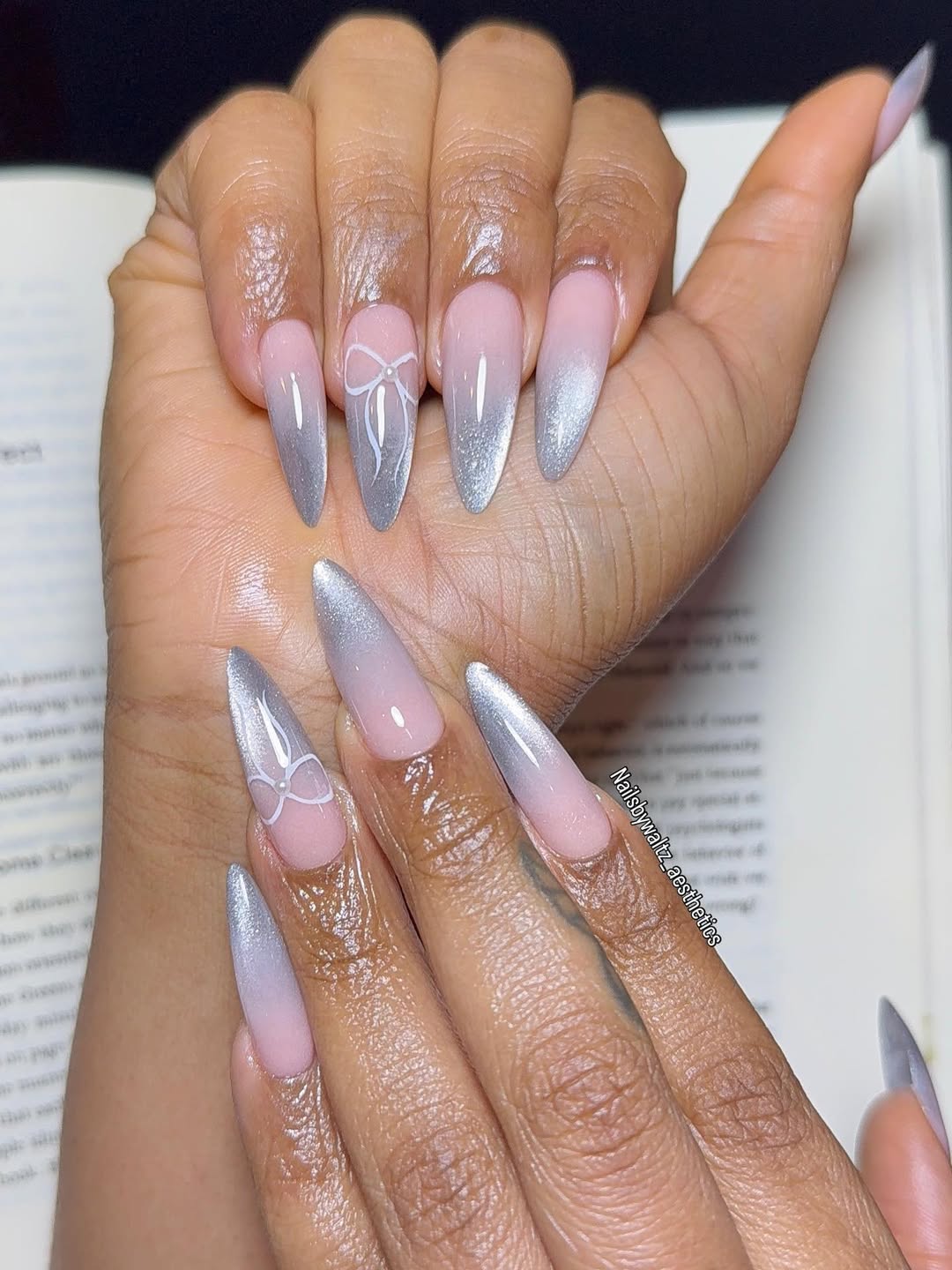 Pink To Silver Gradient Bow Stilettos — Neutral Winter Nails