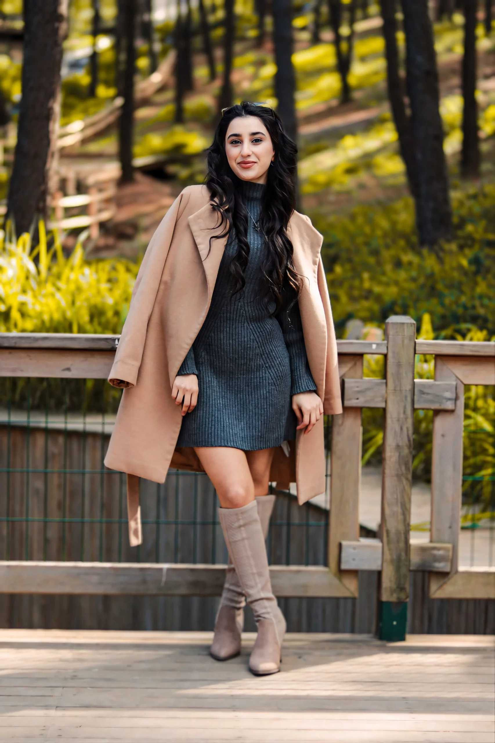 Draped Sophistication: Camel Coat Over Knit Dress Draped Sophistication: Camel Coat Over Knit Dress — Camel Coat Outfits