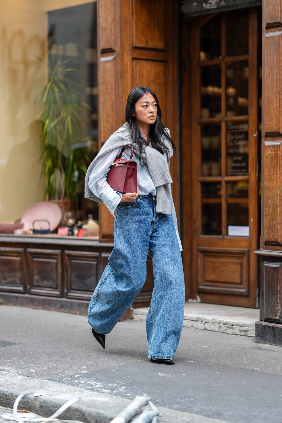 Extra Wide Leg Jeans with Striped Shirt and Draped Sweater Extra Wide Leg Jeans with Striped Shirt and Draped Sweater — Winter Outfits with Wide Leg Jeans