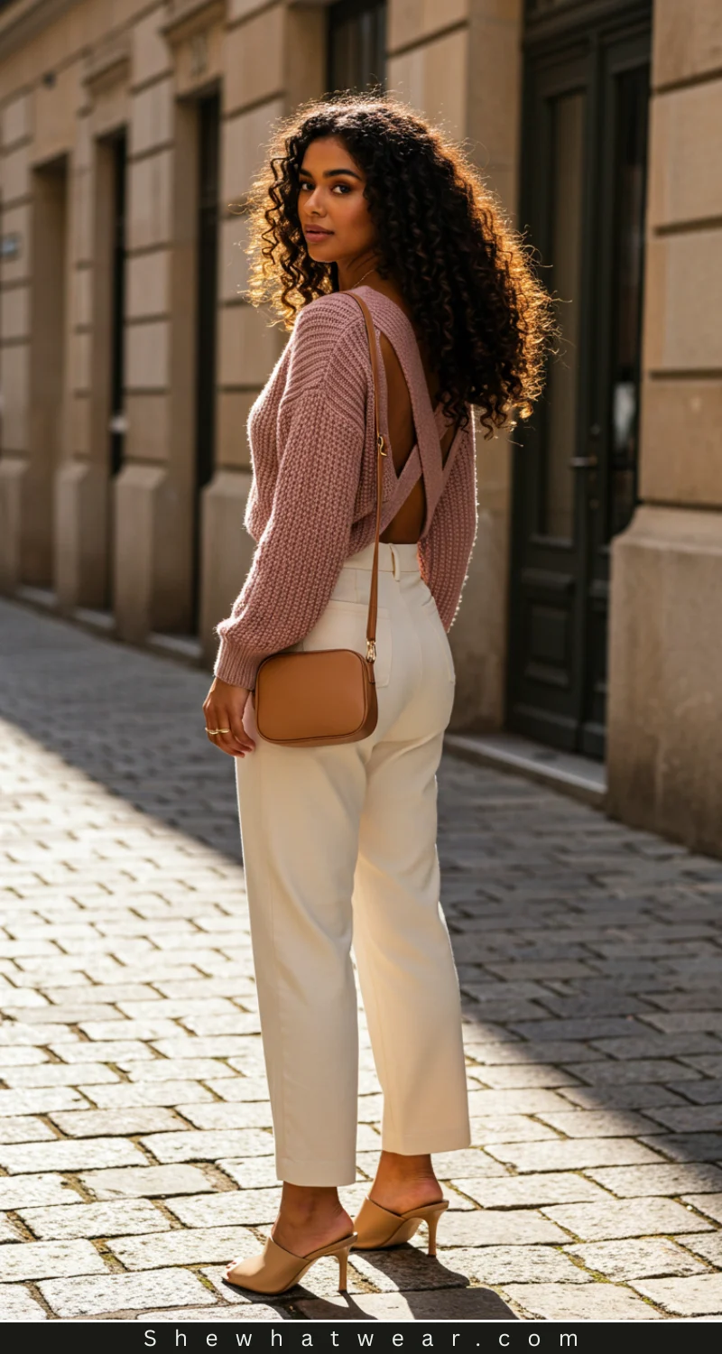 Open-Back Cable-Knit Sweater with Wide-Leg Trousers Open-Back Cable-Knit Sweater with Wide-Leg Trousers — Sweater Outfits